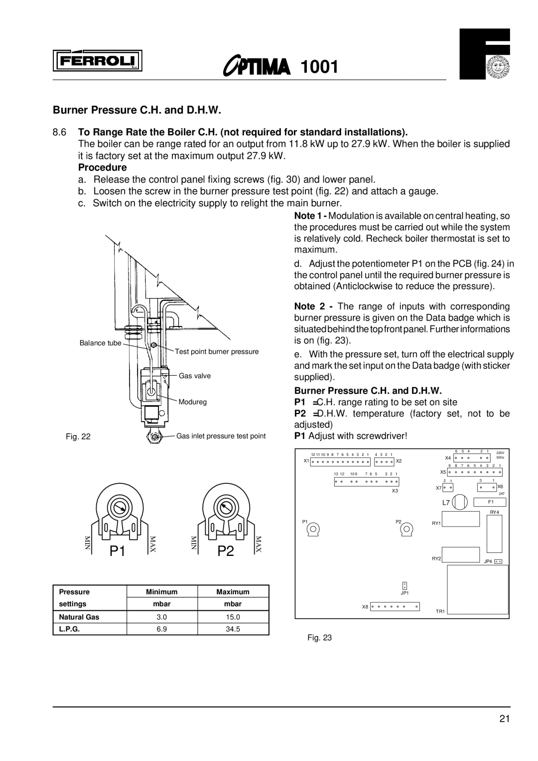 Optima Company 1001 installation instructions Burner Pressure C.H. and D.H.W, Procedure 