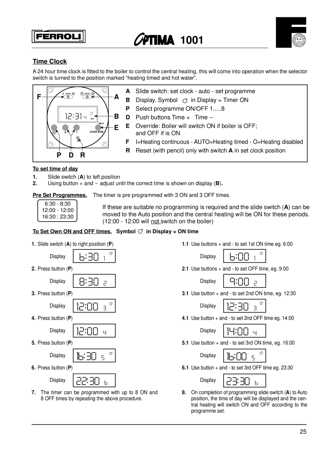 Optima Company 1001 installation instructions Time Clock, Display. Symbol 