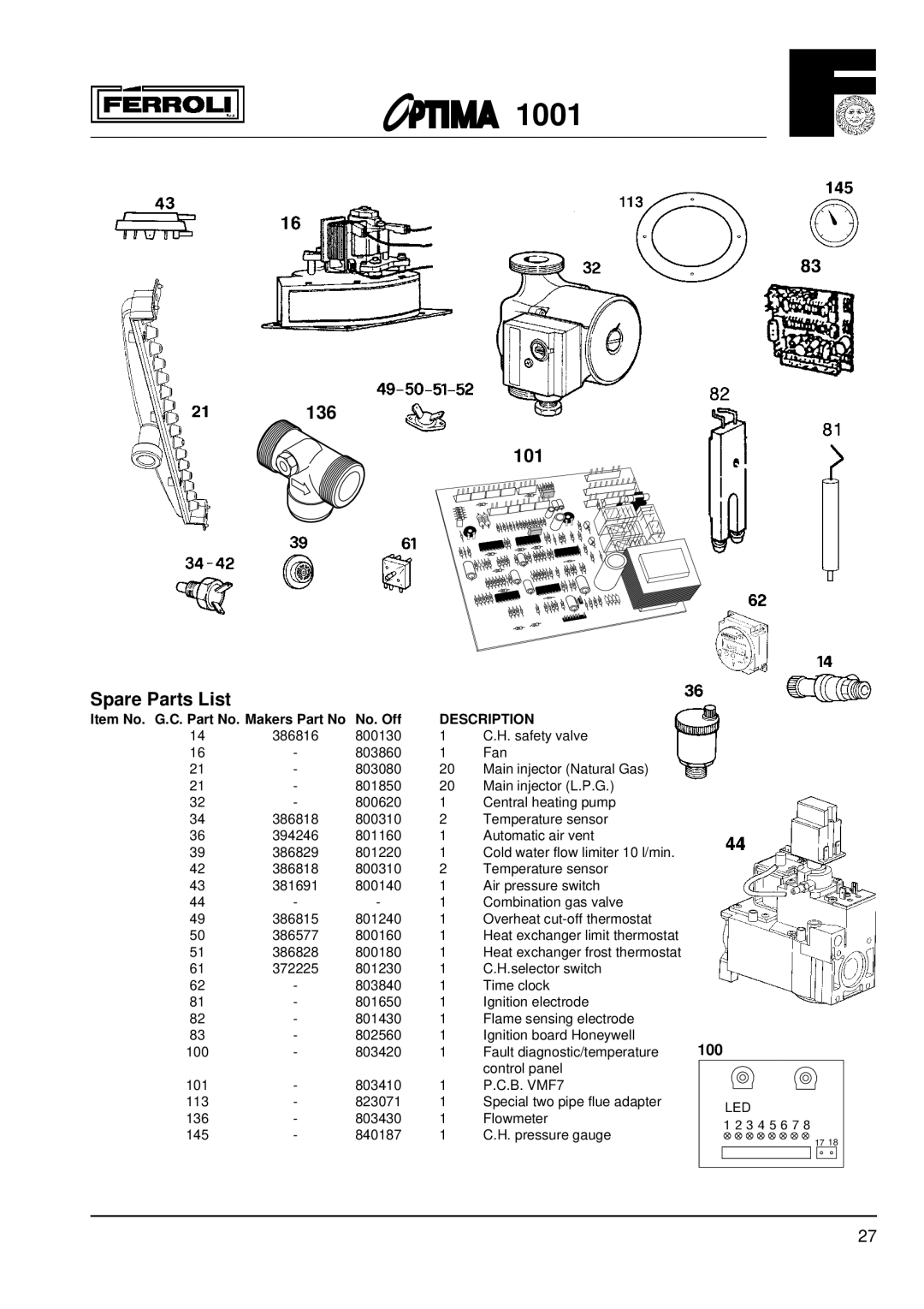 Optima Company 1001 installation instructions 136 101 Spare Parts List 