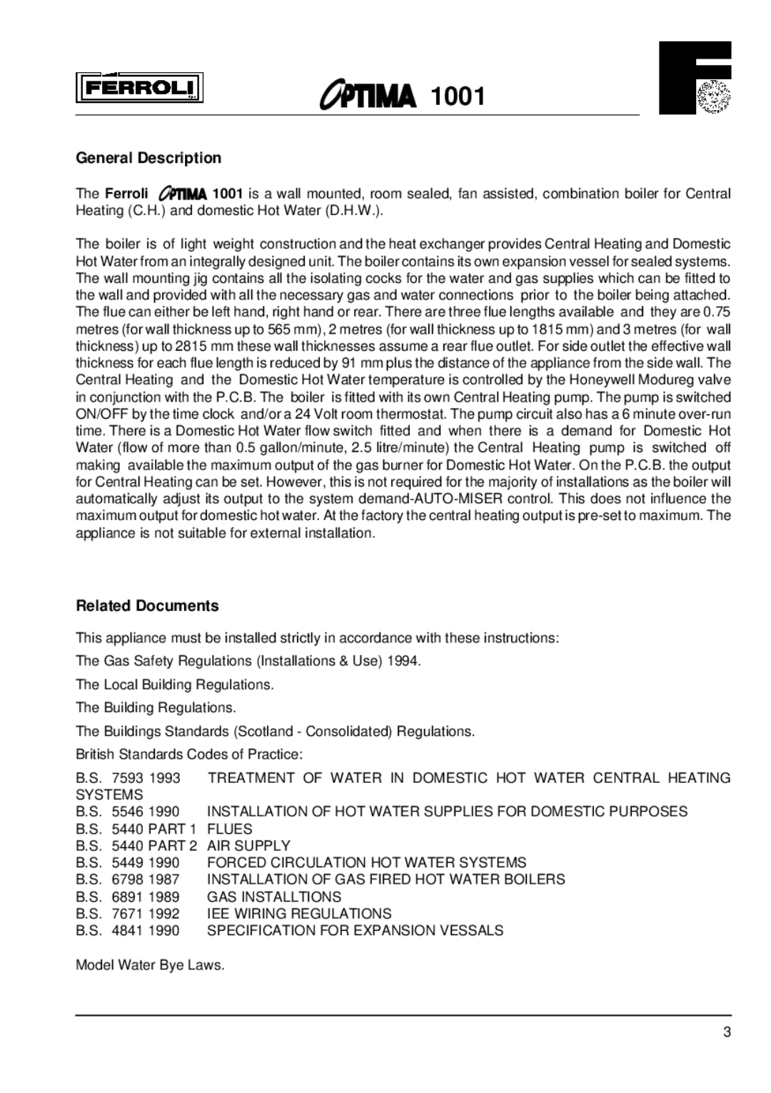 Optima Company 1001 installation instructions General Description, Related Documents 