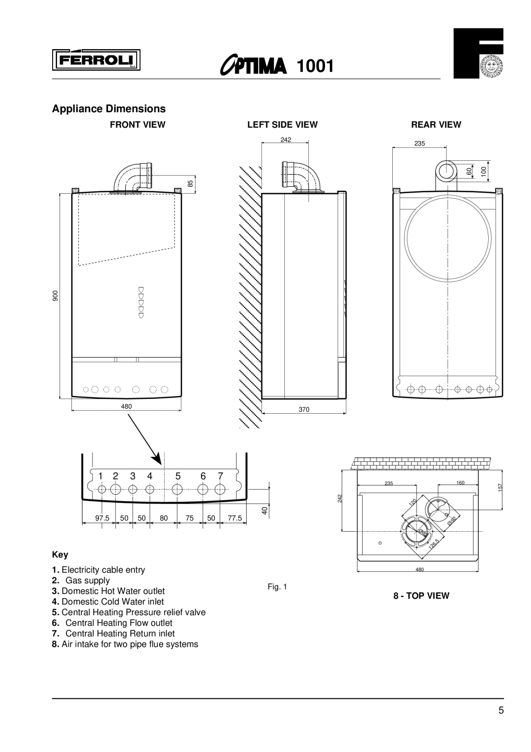 Optima Company 1001 installation instructions Appliance Dimensions, Key 