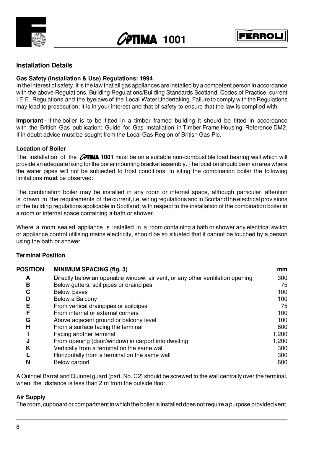 Optima Company 1001 installation instructions Installation Details, Position 