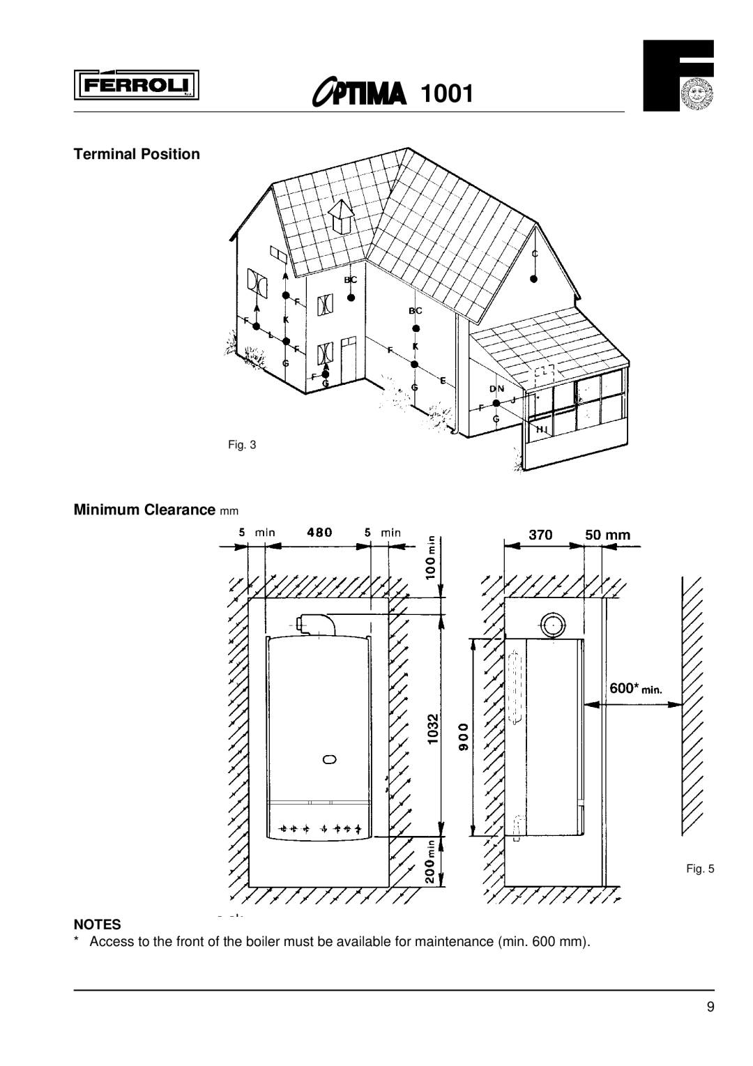 Optima Company 1001 installation instructions Terminal Position Minimum Clearance mm 