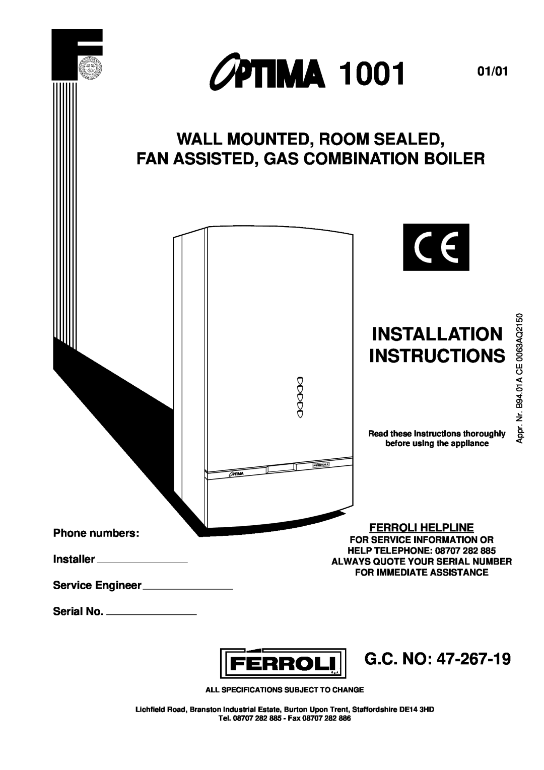 Optima Company installation instructions Installation Instructions, 1001 01/01, Wall Mounted, Room Sealed, G.C. No 