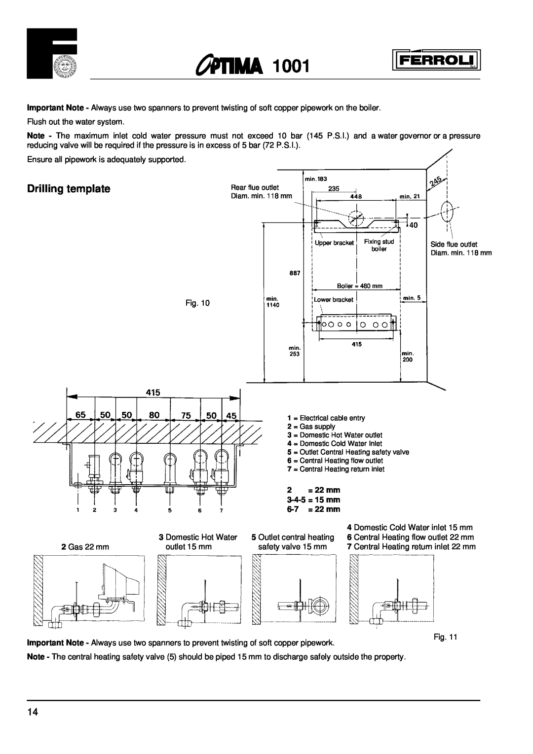 Optima Company 1001 installation instructions Drilling template, 2 = 22 mm 3-4-5= 15 mm 6-7= 22 mm 