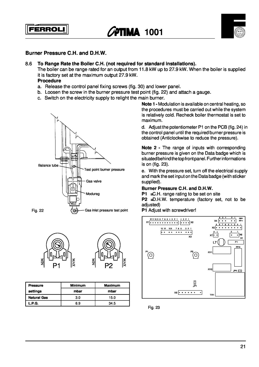 Optima Company 1001 installation instructions Burner Pressure C.H. and D.H.W, Procedure 