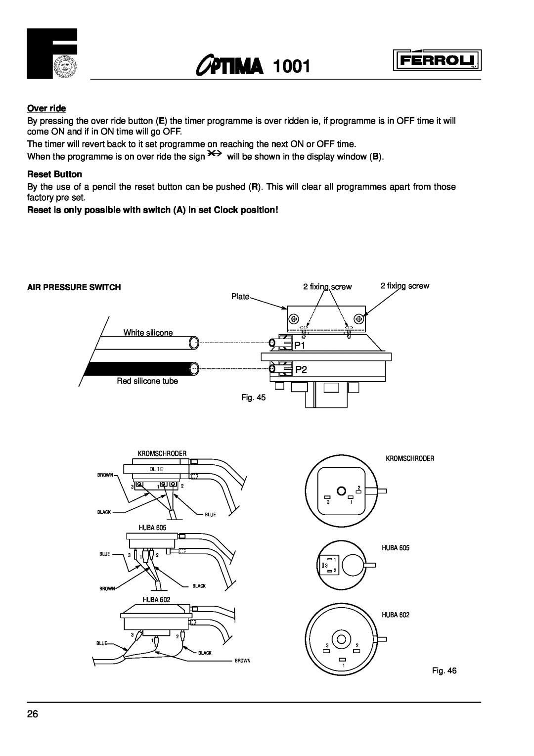 Optima Company 1001 installation instructions P1 P2, Over ride, Reset Button 