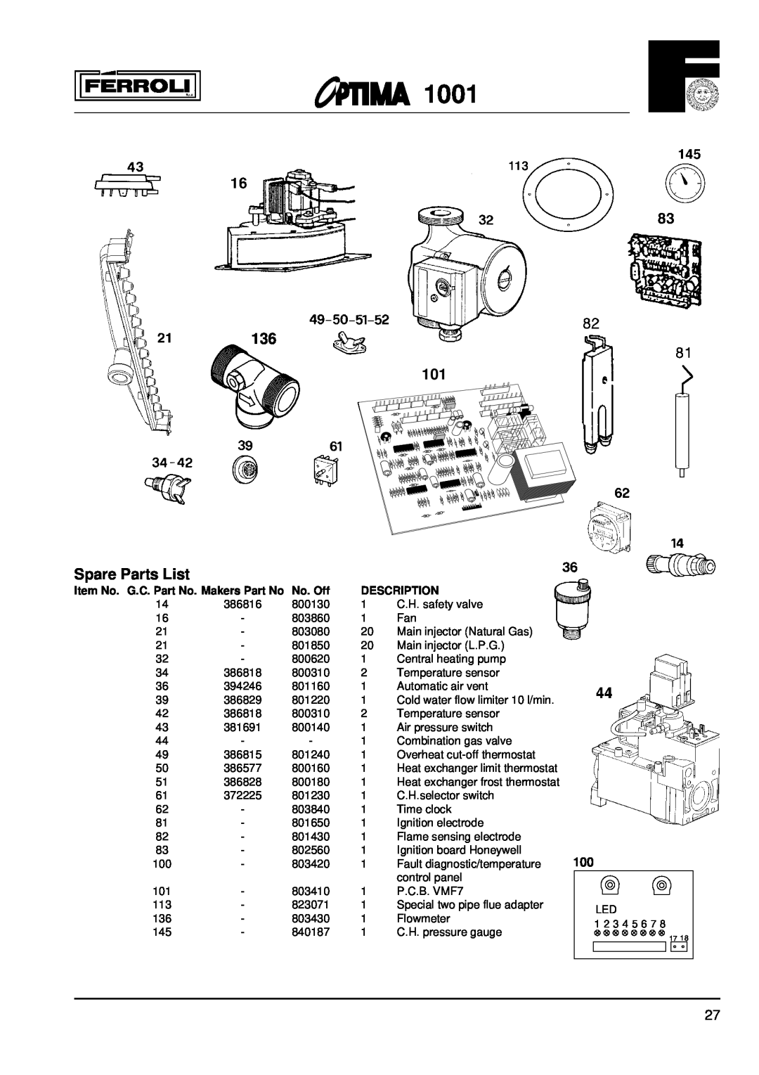 Optima Company 1001 136, Spare Parts List, Item No. G.C. Part No. Makers Part No, No. Off, Description 