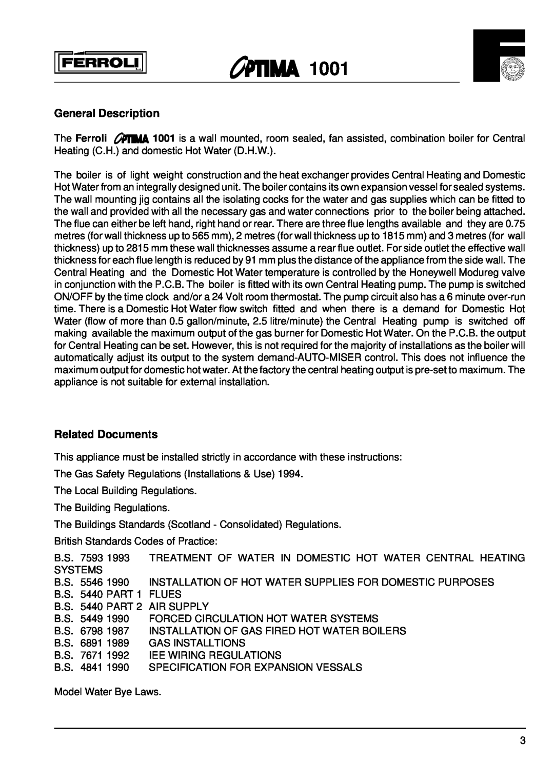 Optima Company 1001 installation instructions General Description, Related Documents 