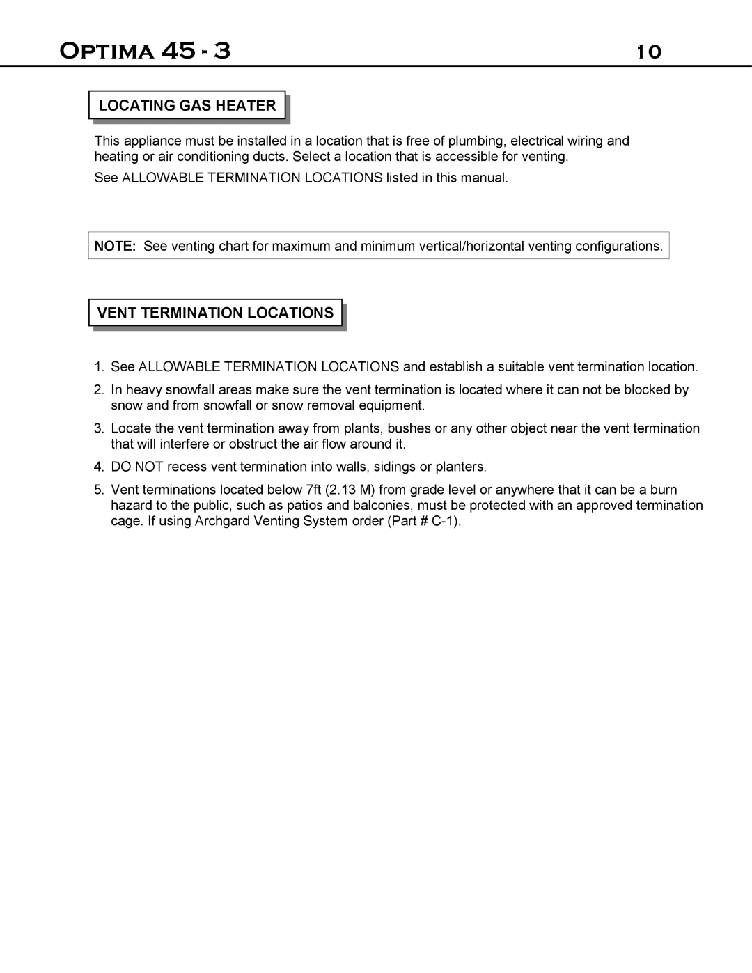 Optima Company 45 - 3 manual Locating GAS Heater, Vent Termination Locations 