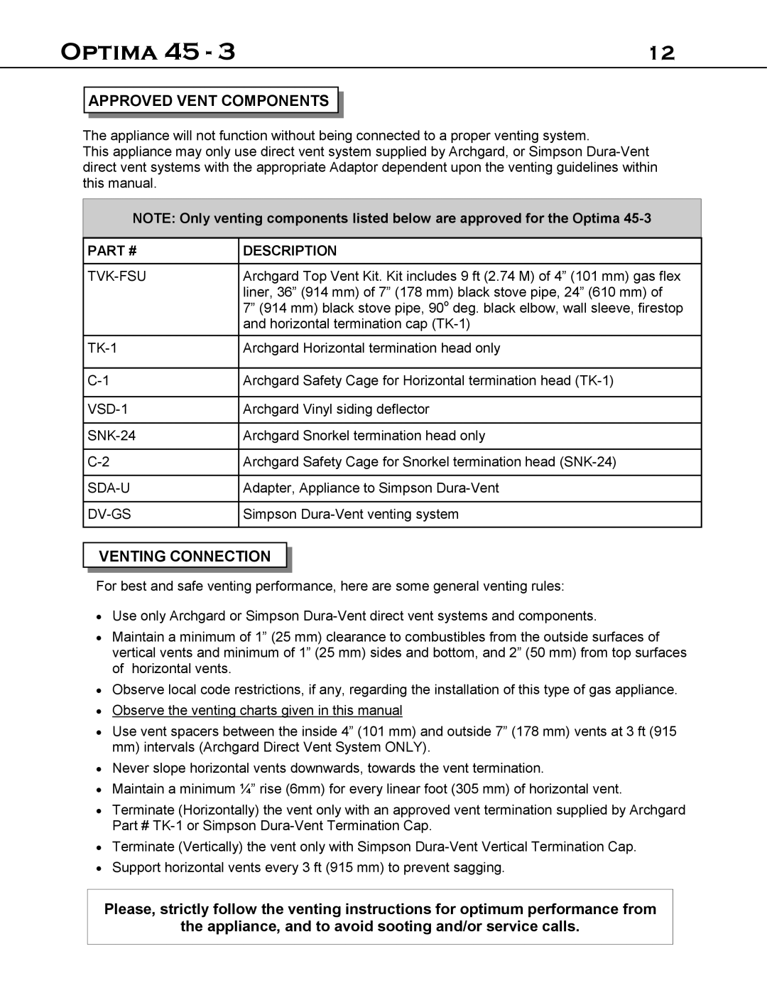 Optima Company 45 - 3 manual Approved Vent Components, Venting Connection 