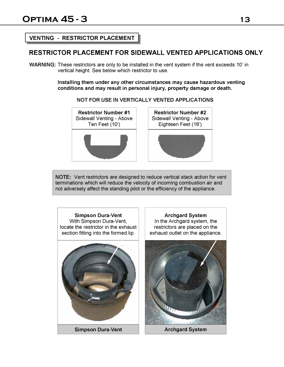 Optima Company 45 - 3 manual Venting Restrictor Placement, Simpson Dura-Vent Archgard System 