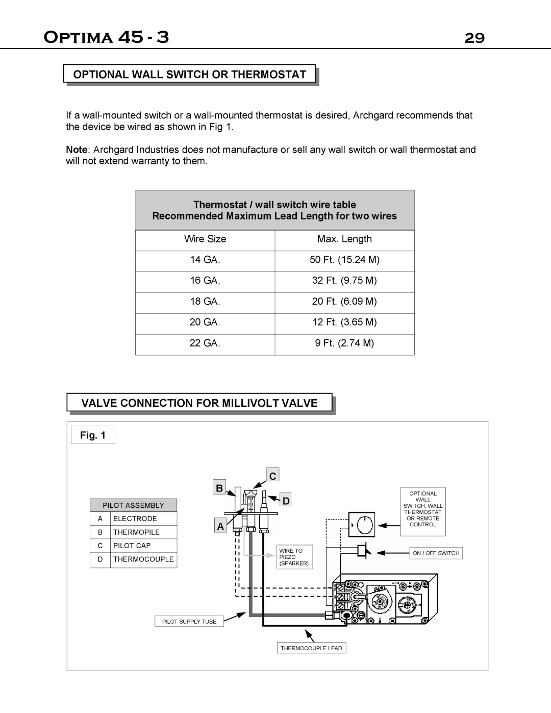 Optima Company 45 - 3 manual Optional Wall Switch or Thermostat, Valve Connection for Millivolt Valve 