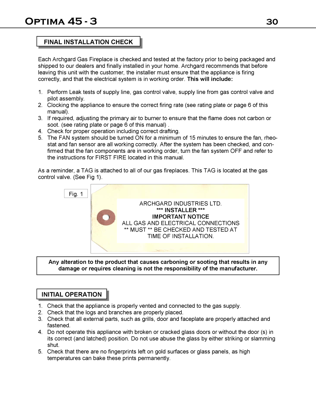 Optima Company 45 - 3 manual Final Installation Check, Initial Operation 