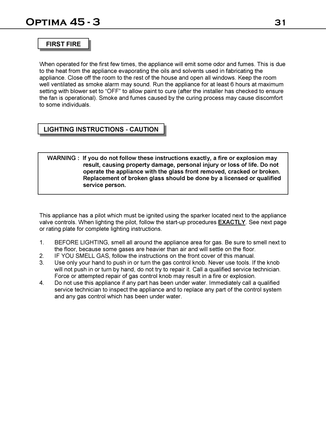 Optima Company 45 - 3 manual First Fire, Lighting Instructions Caution 