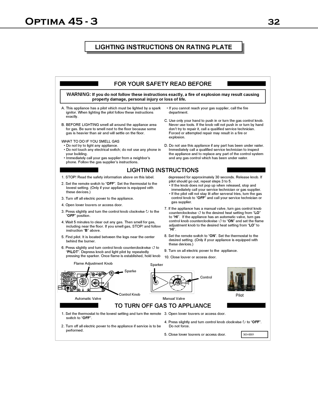 Optima Company 45 - 3 manual Lighting Instructions on Rating Plate 