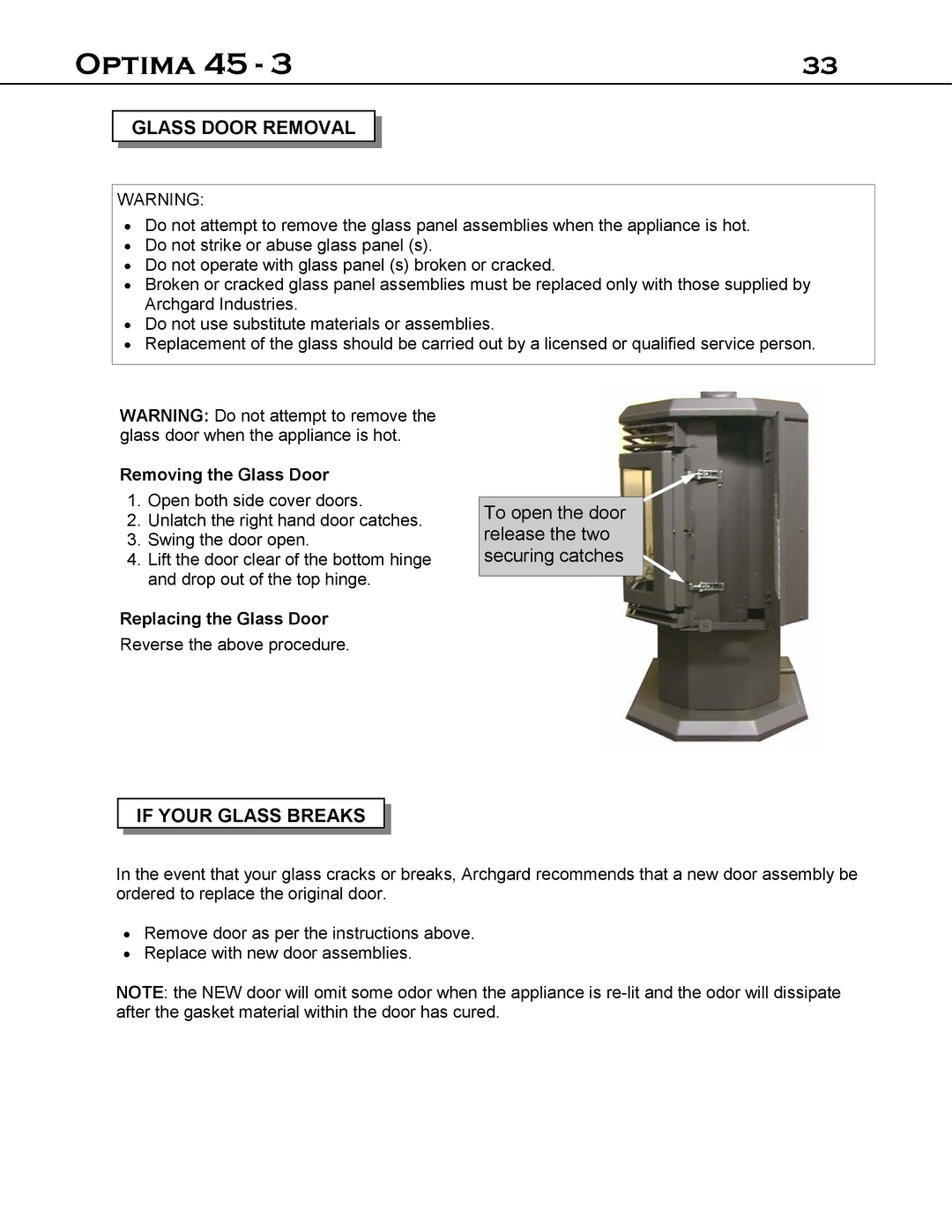 Optima Company 45 - 3 manual Glass Door Removal, If Your Glass Breaks, Removing the Glass Door, Replacing the Glass Door 