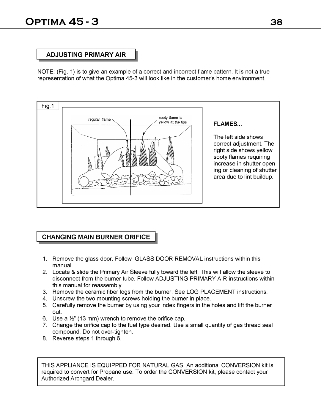 Optima Company 45 - 3 manual Adjusting Primary AIR Changing Main Burner Orifice 