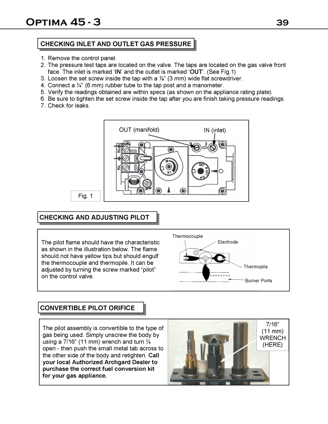 Optima Company 45 - 3 manual Checking Inlet and Outlet GAS Pressure, Checking and Adjusting Pilot Convertible Pilot Orifice 