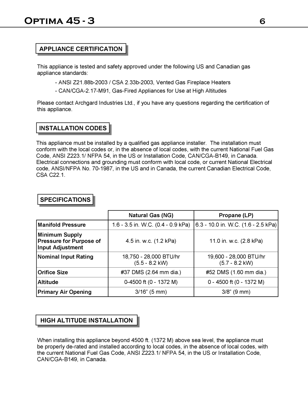 Optima Company 45 - 3 manual Appliance Certification, Installation Codes, Specifications, High Altitude Installation 