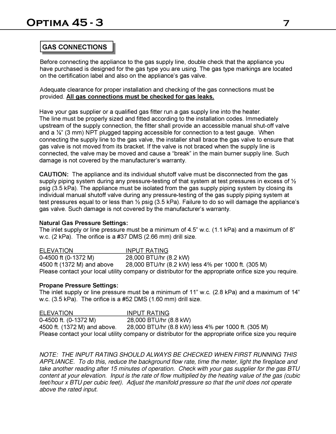 Optima Company 45 - 3 manual GAS Connections, Natural Gas Pressure Settings, Propane Pressure Settings 