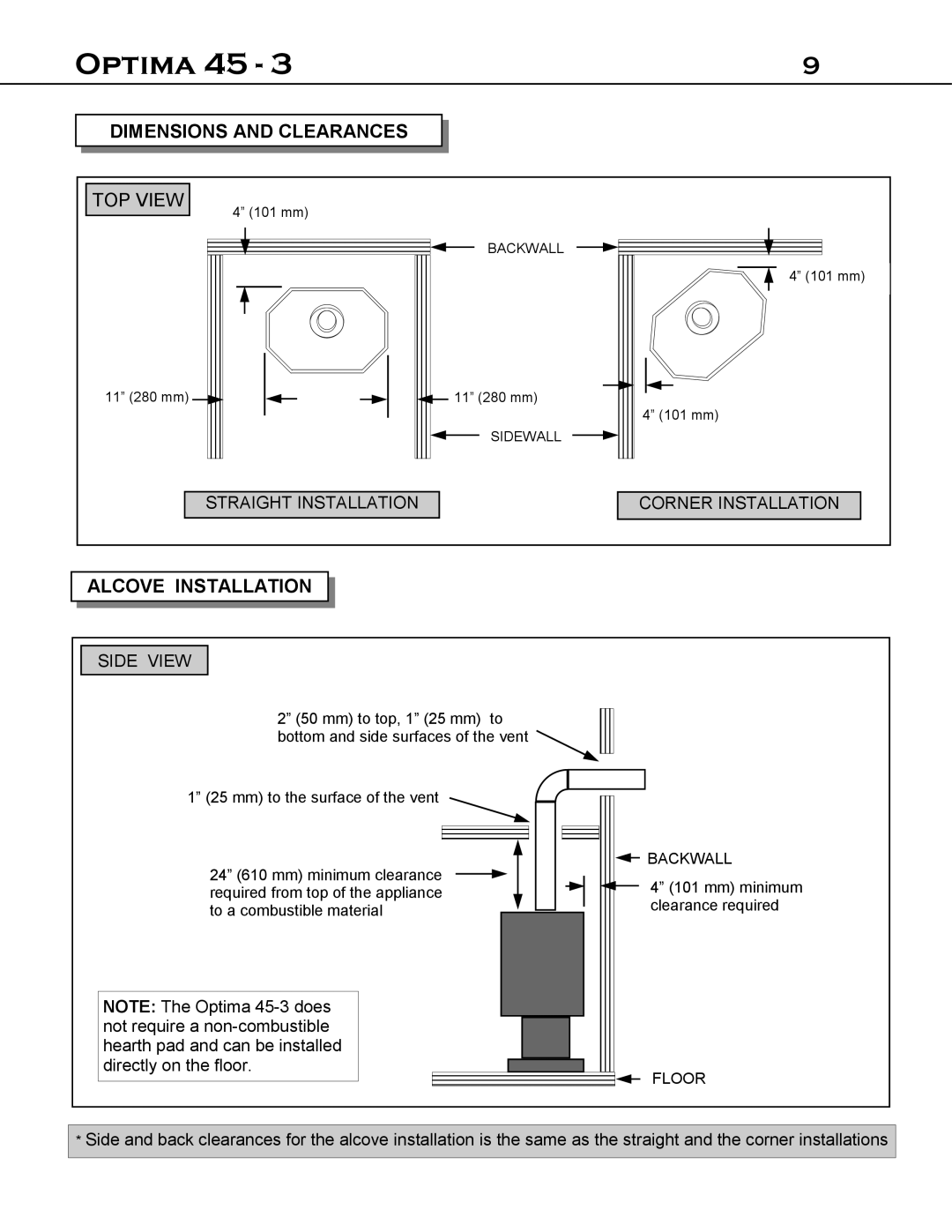 Optima Company 45 - 3 manual Dimensions and Clearances, Alcove Installation 