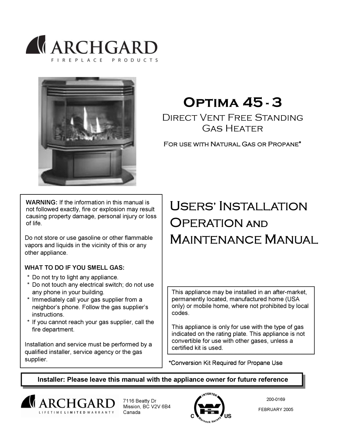 Optima Company 45 - 3 manual USERS’ INSTALLATION OPERATION and, Maintenance Manual, Optima, What To Do If You Smell Gas 