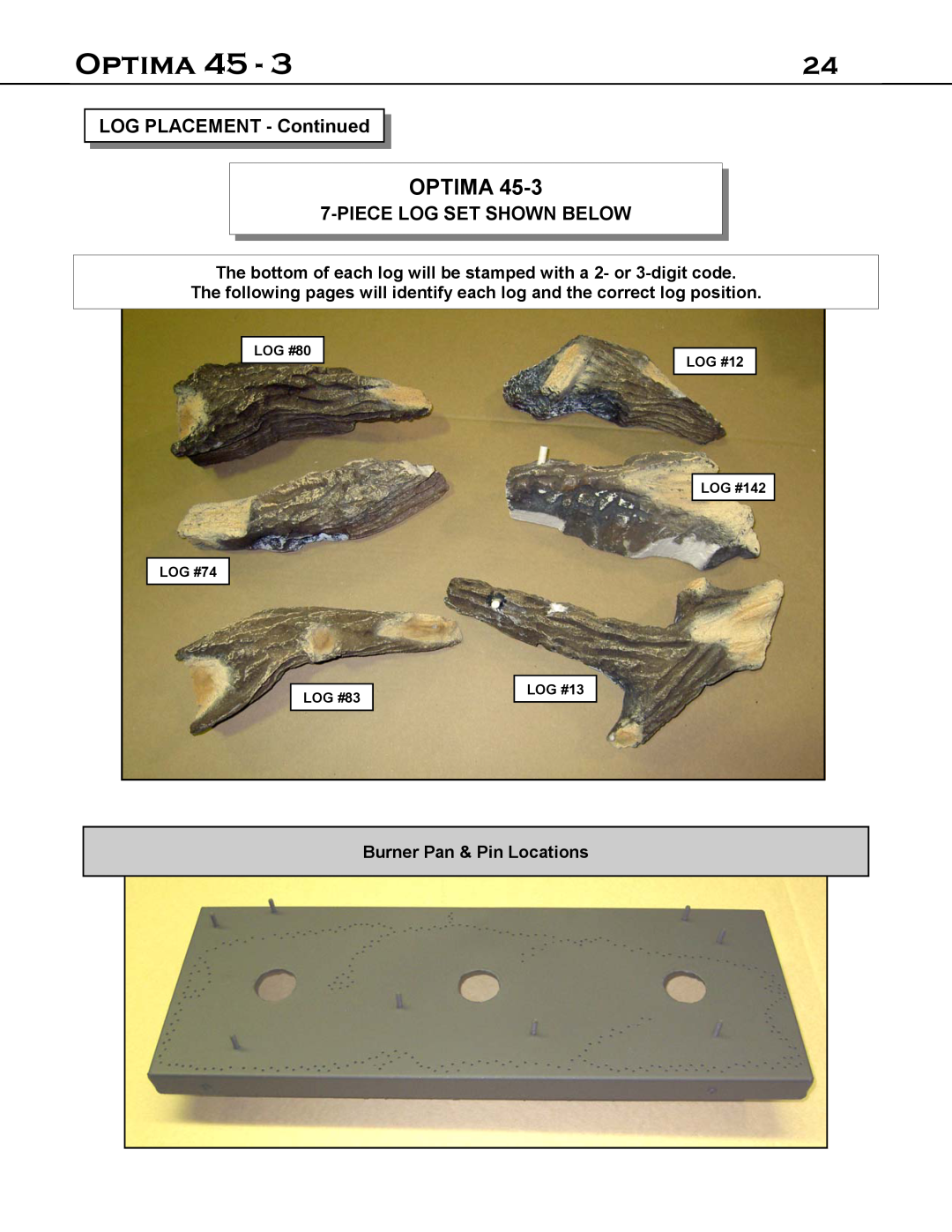 Optima Company 45 - 3 manual Optima, LOG PLACEMENT - Continued, Piecelog Set Shown Below, Burner Pan & Pin Locations 