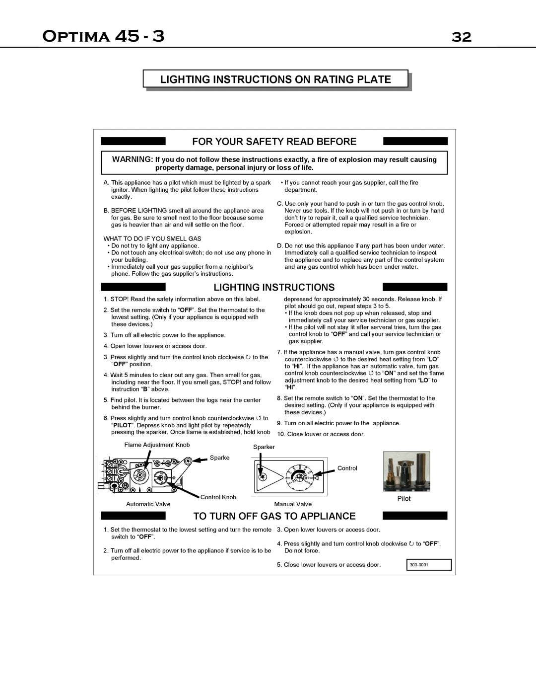 Optima Company 45 - 3 manual Lighting Instructions On Rating Plate, Optima, To Turn Off Gas To Appliance 
