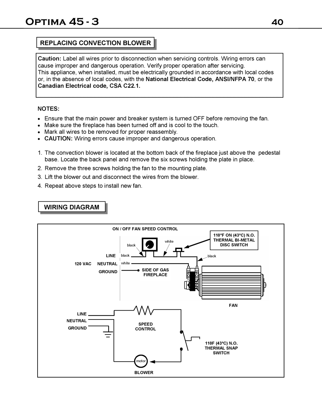 Optima Company 45 - 3 manual Replacing Convection Blower, Wiring Diagram, Optima, Canadian Electrical code, CSA C22.1 NOTES 