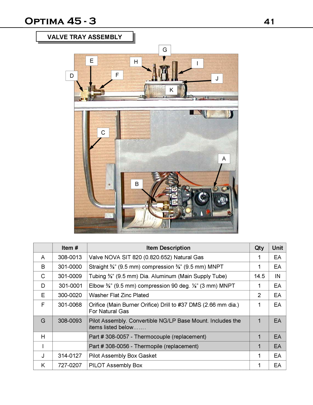 Optima Company 45 - 3 manual Valve Tray Assembly, Optima, Item #, Item Description, Unit 