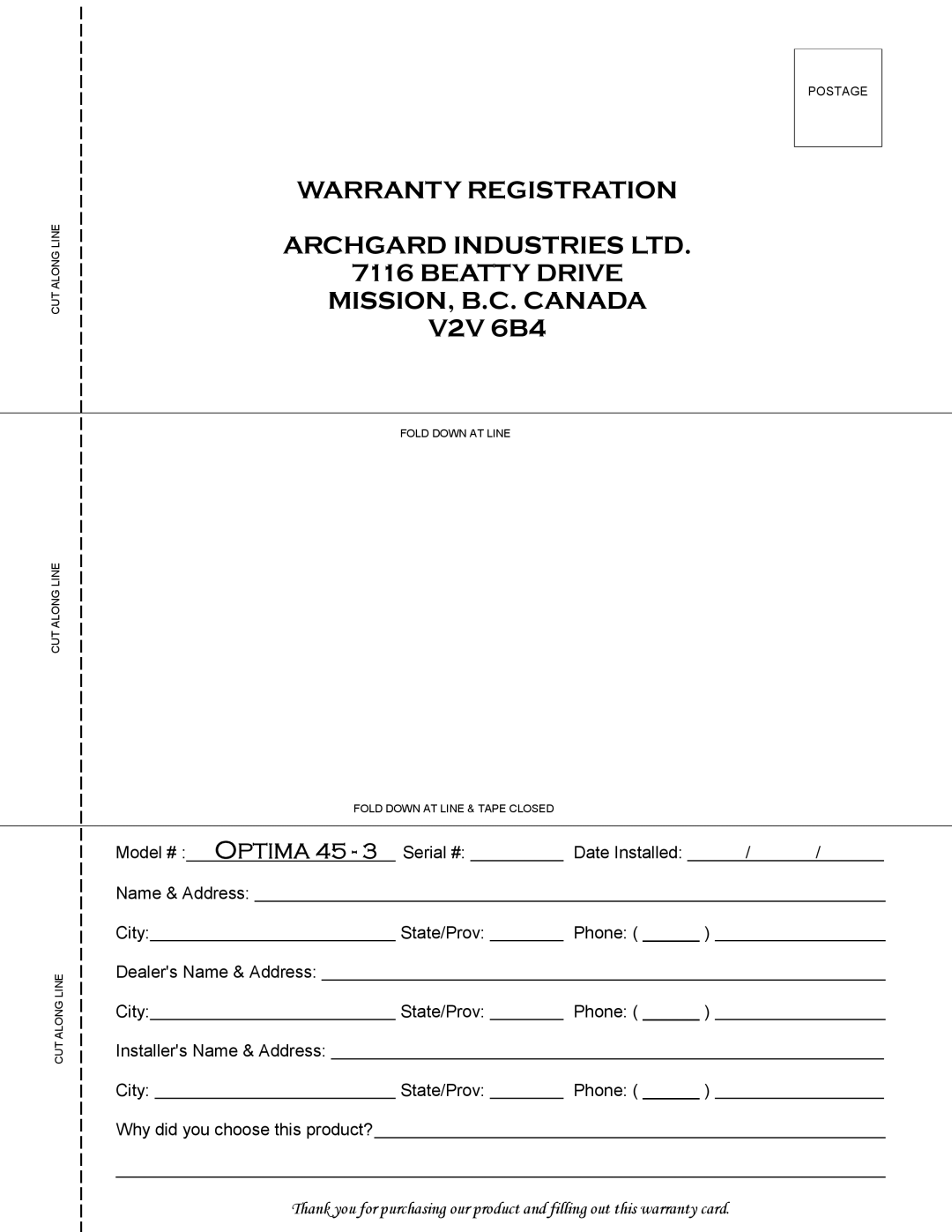 Optima Company 45 - 3 manual BEATTY DRIVE MISSION, B.C. CANADA V2V 6B4, Model # OPTIMA 