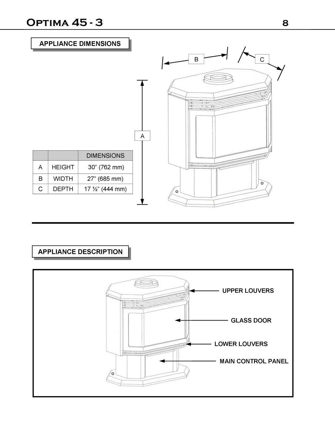 Optima Company 45 - 3 manual Appliance Dimensions, Appliance Description, Optima, Upper Louvers Glass Door Lower Louvers 
