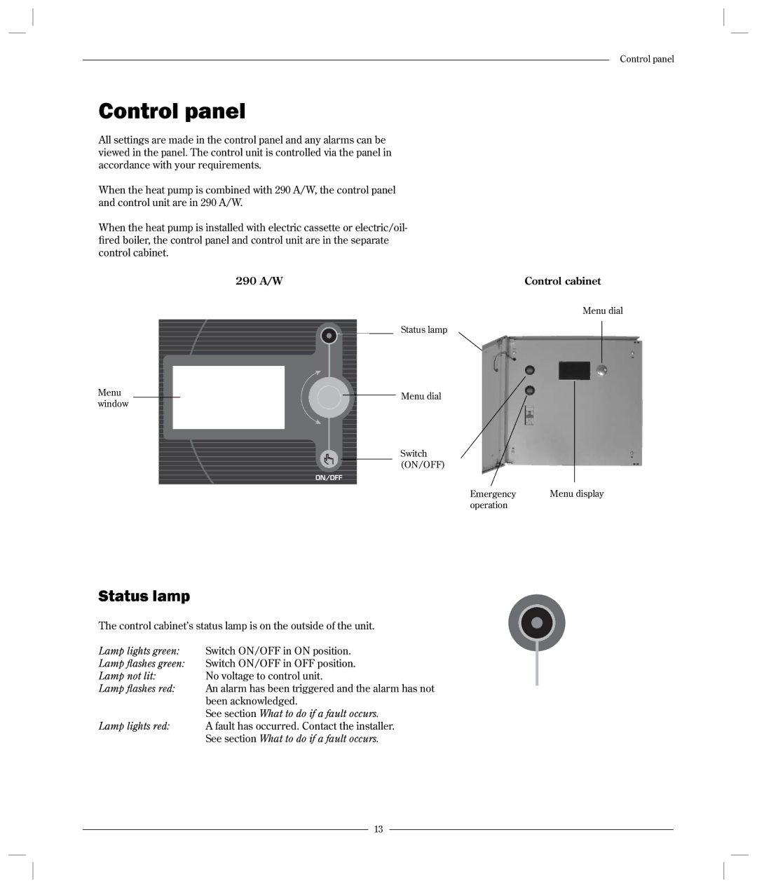 Optima Company 600 - 1700 manual Control panel, Status lamp, 290 A/W Control cabinet 