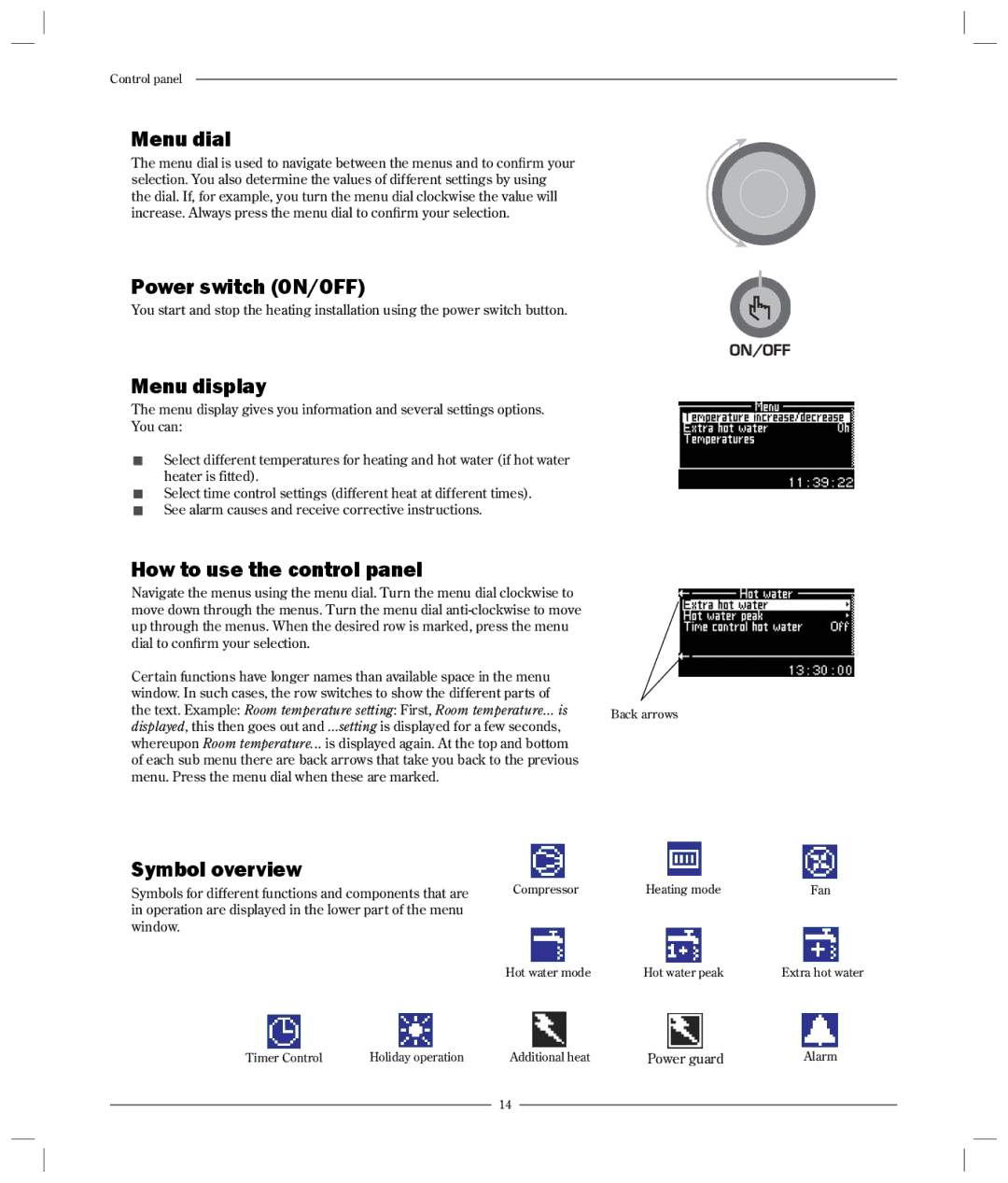 Optima Company 600 - 1700 Menu dial, Power switch ON/OFF, Menu display, How to use the control panel, Symbol overview 