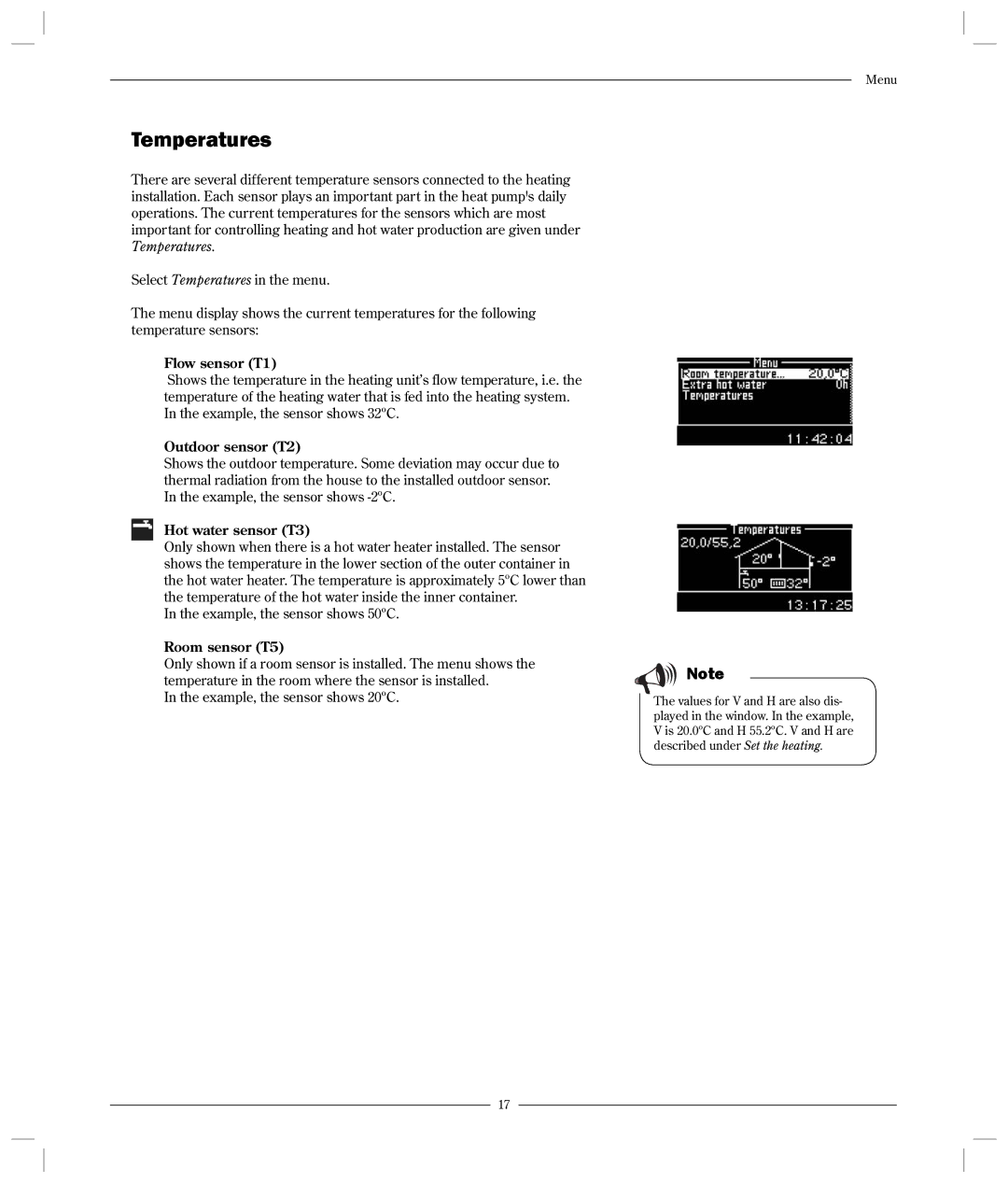 Optima Company 600 - 1700 manual Temperatures, Flow sensor T1, Outdoor sensor T2, Hot water sensor T3, Room sensor T5 