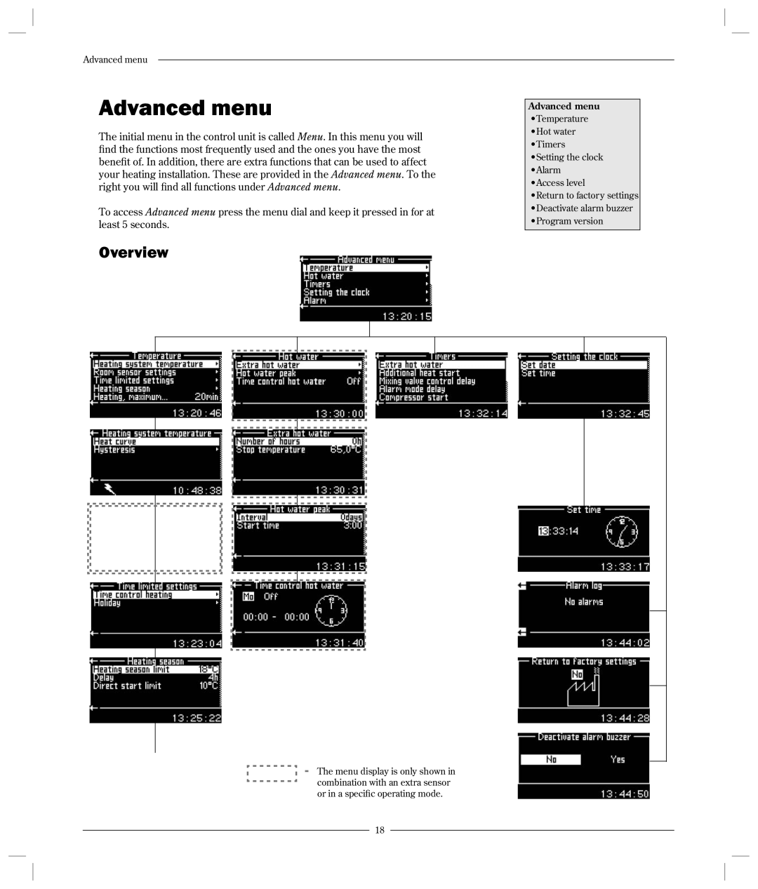 Optima Company 600 - 1700 manual Advanced menu, Overview 