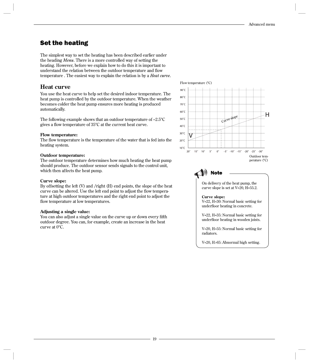 Optima Company 600 - 1700 manual Heat curve, Flow temperature, Outdoor temperature, Curve slope, Adjusting a single value 