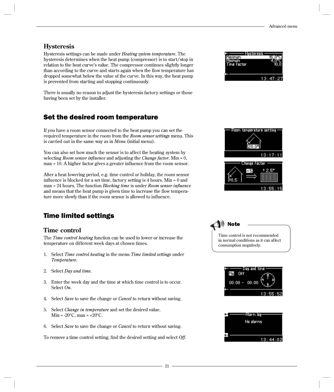 Optima Company 600 - 1700 manual Set the desired room temperature, Time limited settings, Hysteresis, Time control 