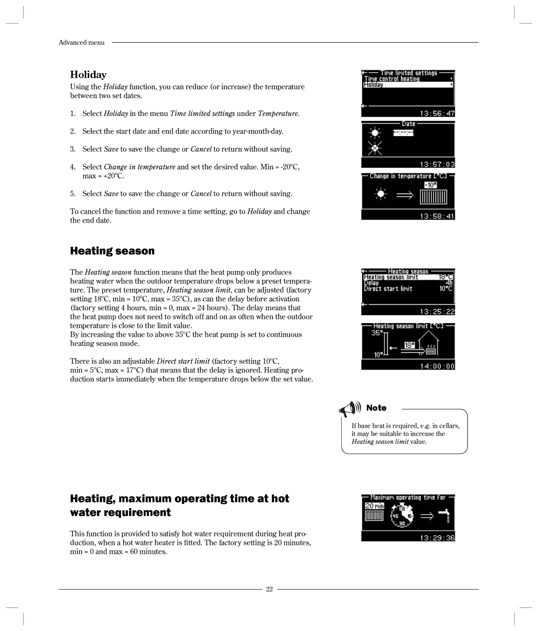 Optima Company 600 - 1700 manual Heating season, Heating, maximum operating time at hot water requirement, Holiday 