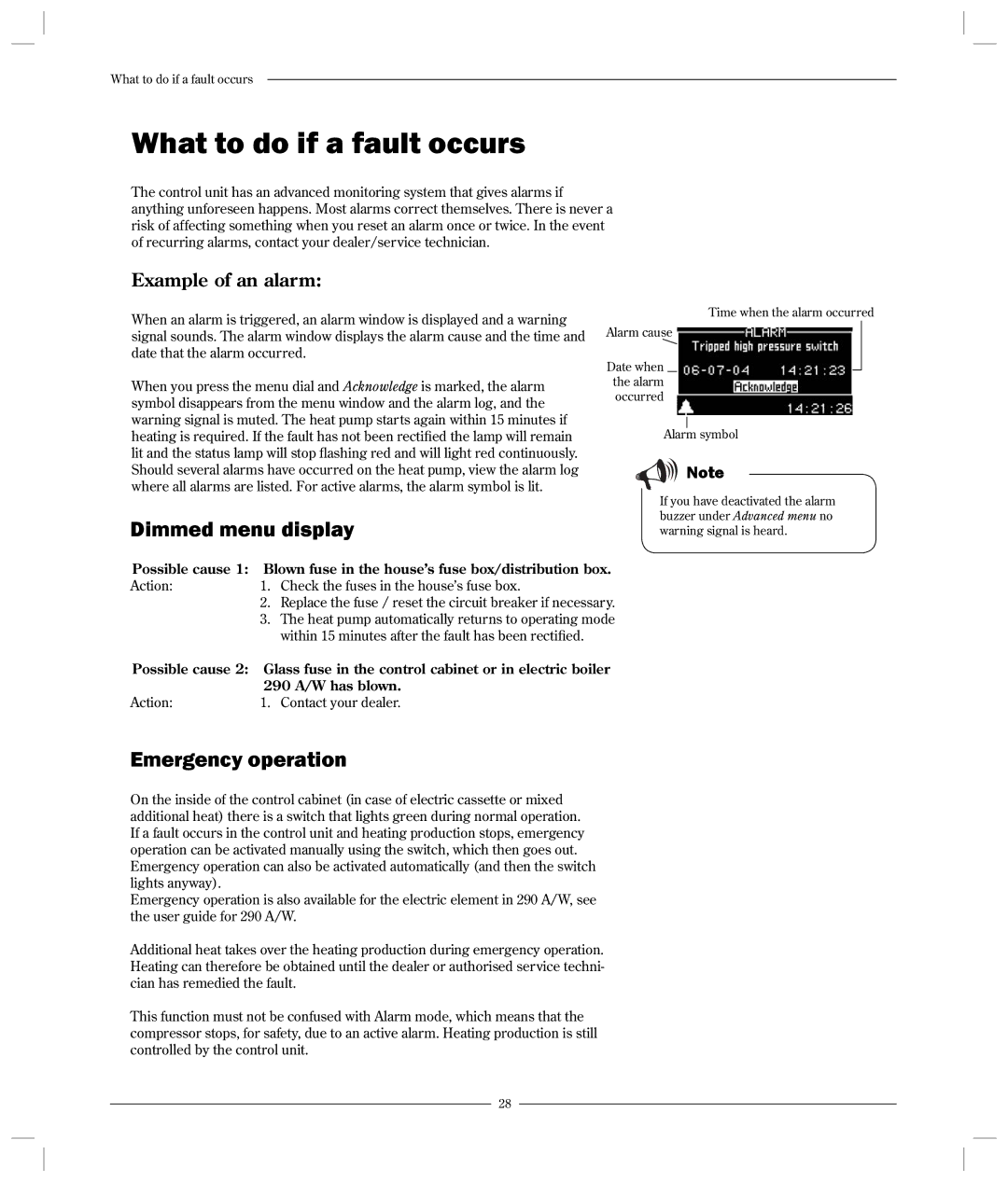 Optima Company 600 - 1700 What to do if a fault occurs, Dimmed menu display, Emergency operation, Example of an alarm 