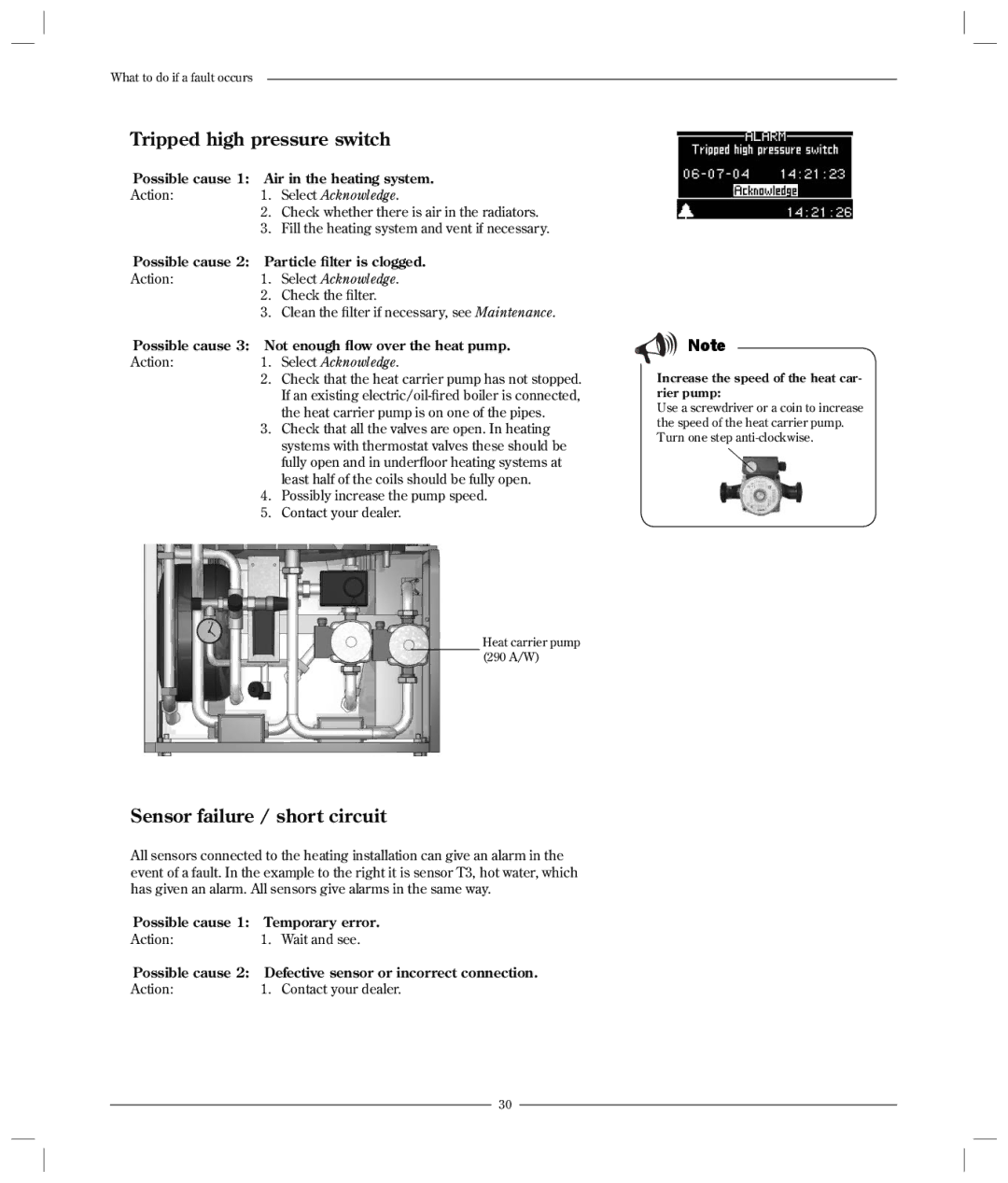 Optima Company 600 - 1700 manual Tripped high pressure switch, Sensor failure / short circuit 