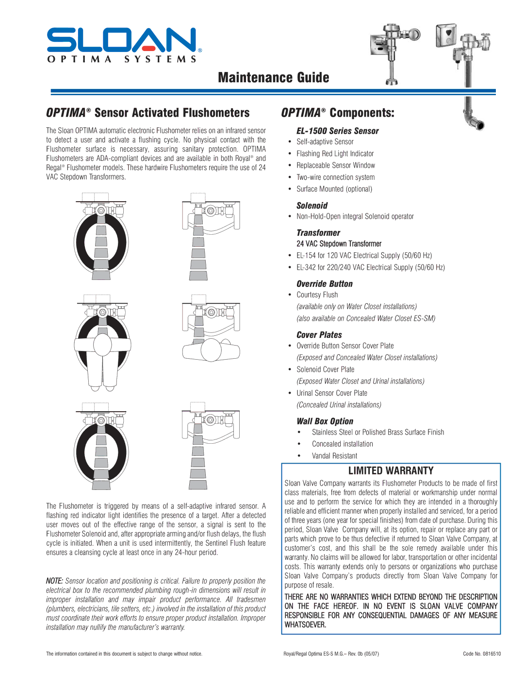 Optima Company EL-1500 warranty Optima Components 