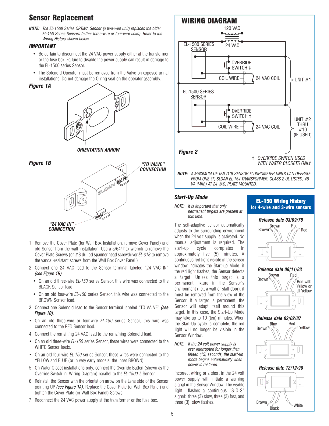 Optima Company EL-1500 warranty Sensor Replacement, Start-Up Mode, EL-150 Wiring History 