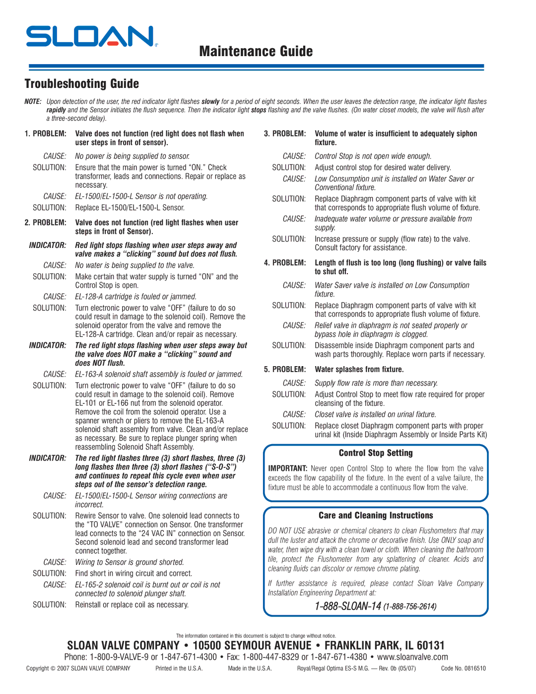 Optima Company EL-1500 warranty Troubleshooting Guide, Problem Water splashes from fixture, SLOAN-141-888-756-2614 