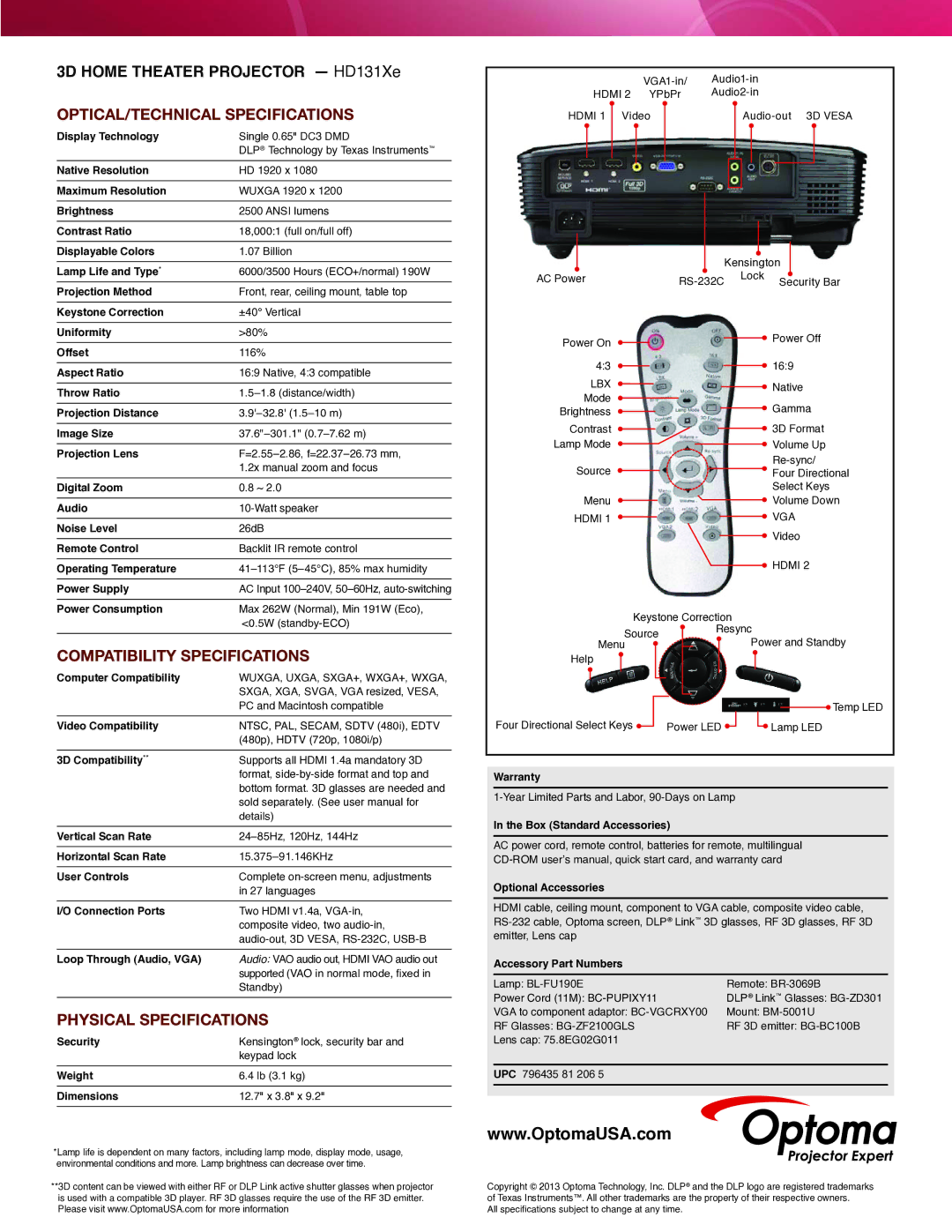 Optima Company HD131XE manual OPTICAL/TECHNICAL Specifications, Compatibility Specifications, Physical Specifications 