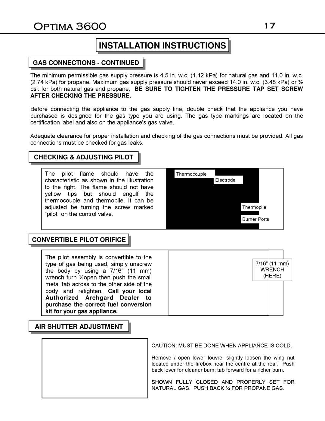 Optima Company Optima 3600O manual Checking & Adjusting Pilot, Convertible Pilot Orifice, AIR Shutter Adjustment 