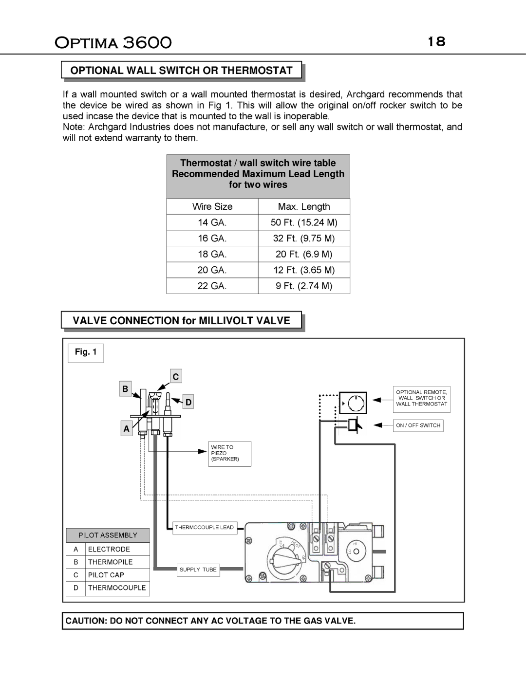 Optima Company Optima 3600O manual Optional Wall Switch or Thermostat 