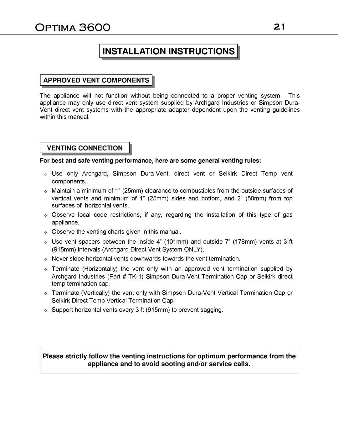 Optima Company Optima 3600O manual Approved Vent Components, Venting Connection 