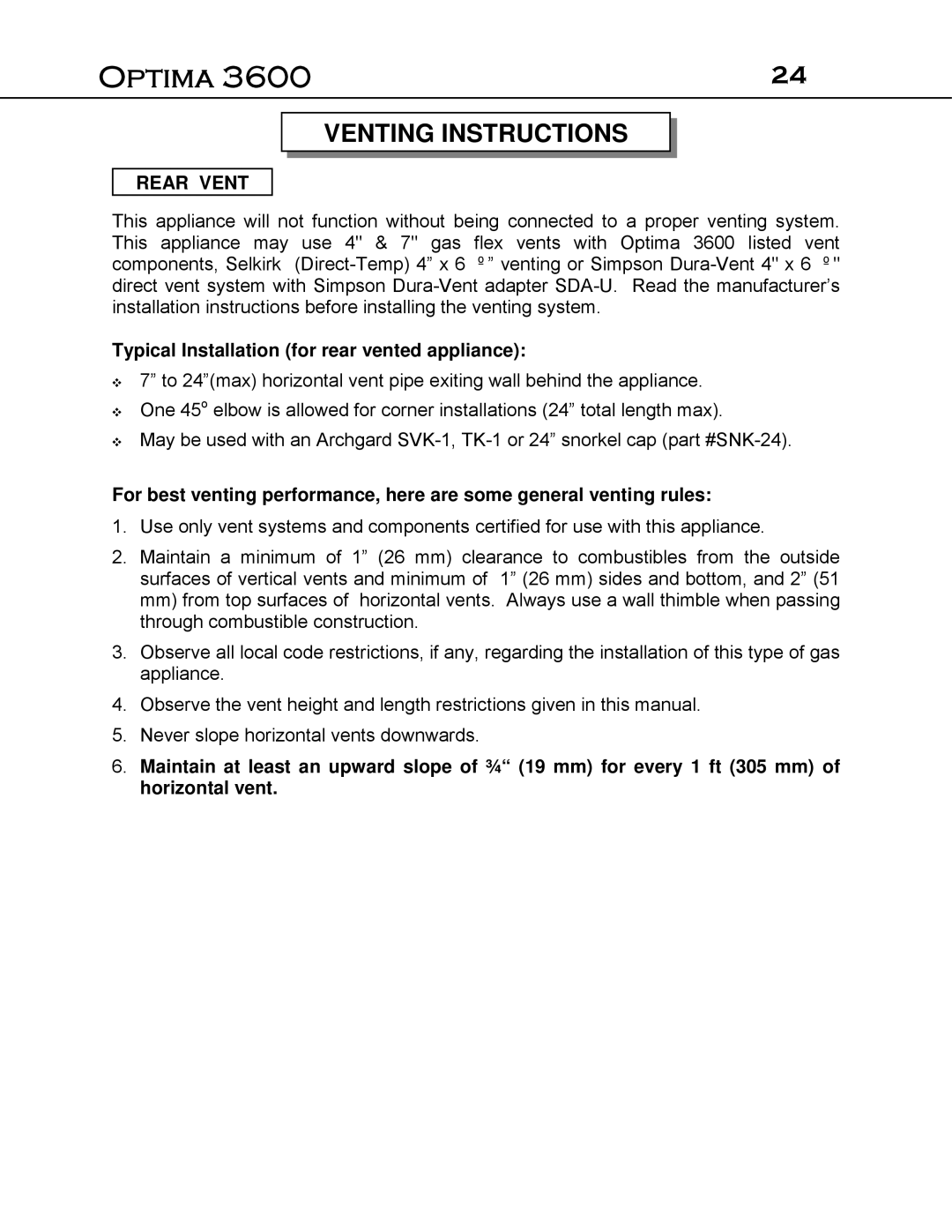 Optima Company Optima 3600O manual Venting Instructions, Rear Vent 